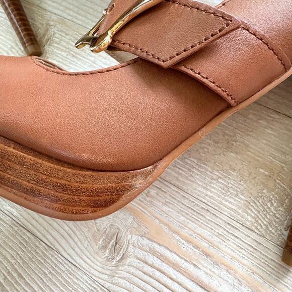 Love Moschino Leather Peep Toe Stacked‎ Heel Mary Jane Pumps | Brown 39 - Picture 2 of 11
